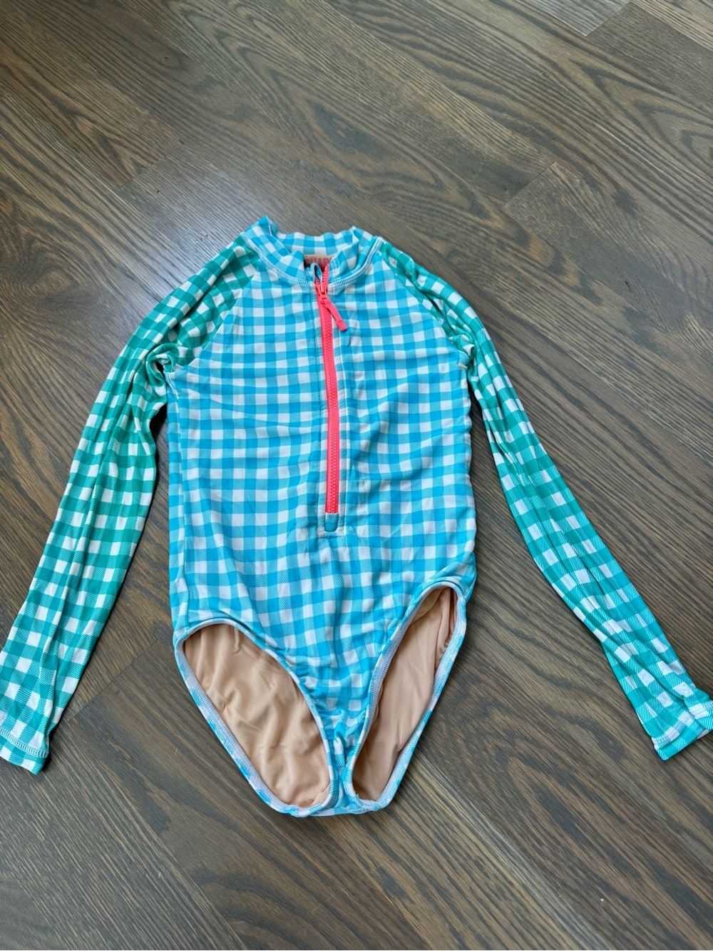 Crewcuts Gingham Long-Sleeve One-Piece Swimsuit with Hot Pink Zip